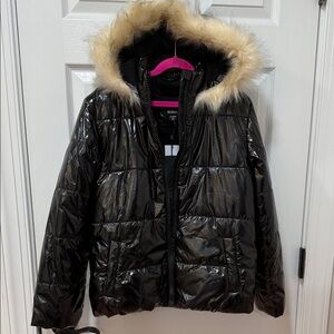 NWT Hudson Kids PU Black Puffer Jacket with Faux Fur Hood Sz XL/16